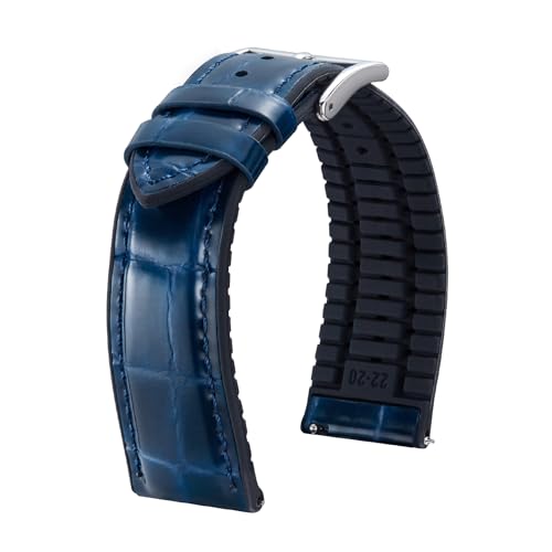 [BINLUN] 革時計ベルト クイックリリース レザー腕時計バンド ワニ革模様ウォッチバンド 内側シリコン製 通気性 交換ベルト メンズ レディース 22mm（ブルー/シルバー バックル）